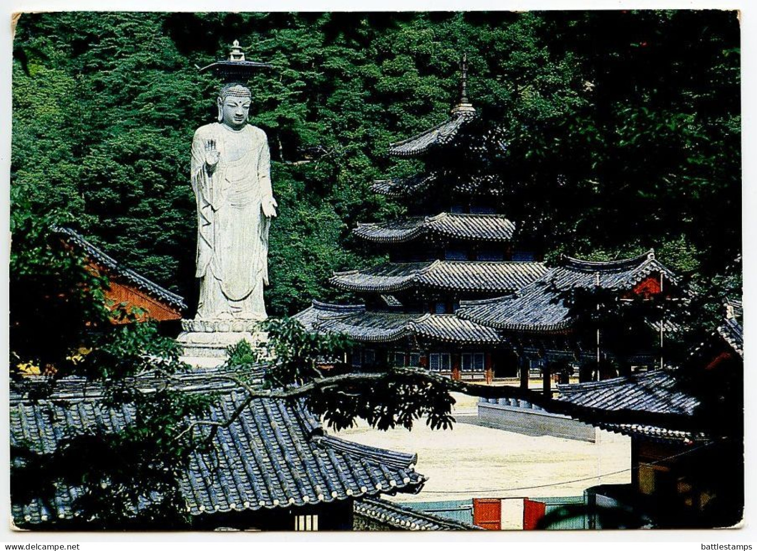 Korea, South 1985 Postcard Standing Buddha At Popchu-sa Temple; 80w. Warrior Jug & 300w. Ahn Chang-ho - Corée Du Sud