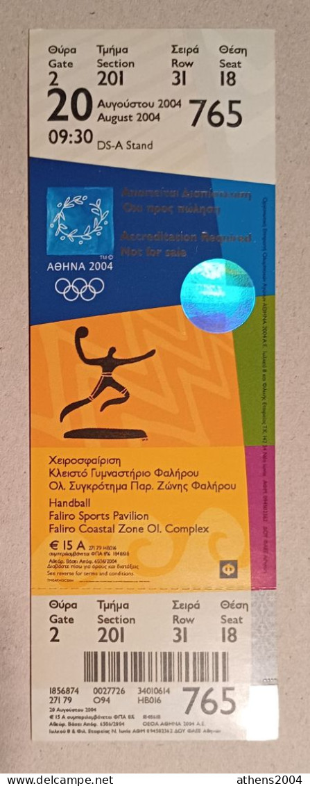 Athens 2004 Olympic Games -  Handball Unused Ticket, Code: 765 / Faliro Sports Pavilion - Bekleidung, Souvenirs Und Sonstige