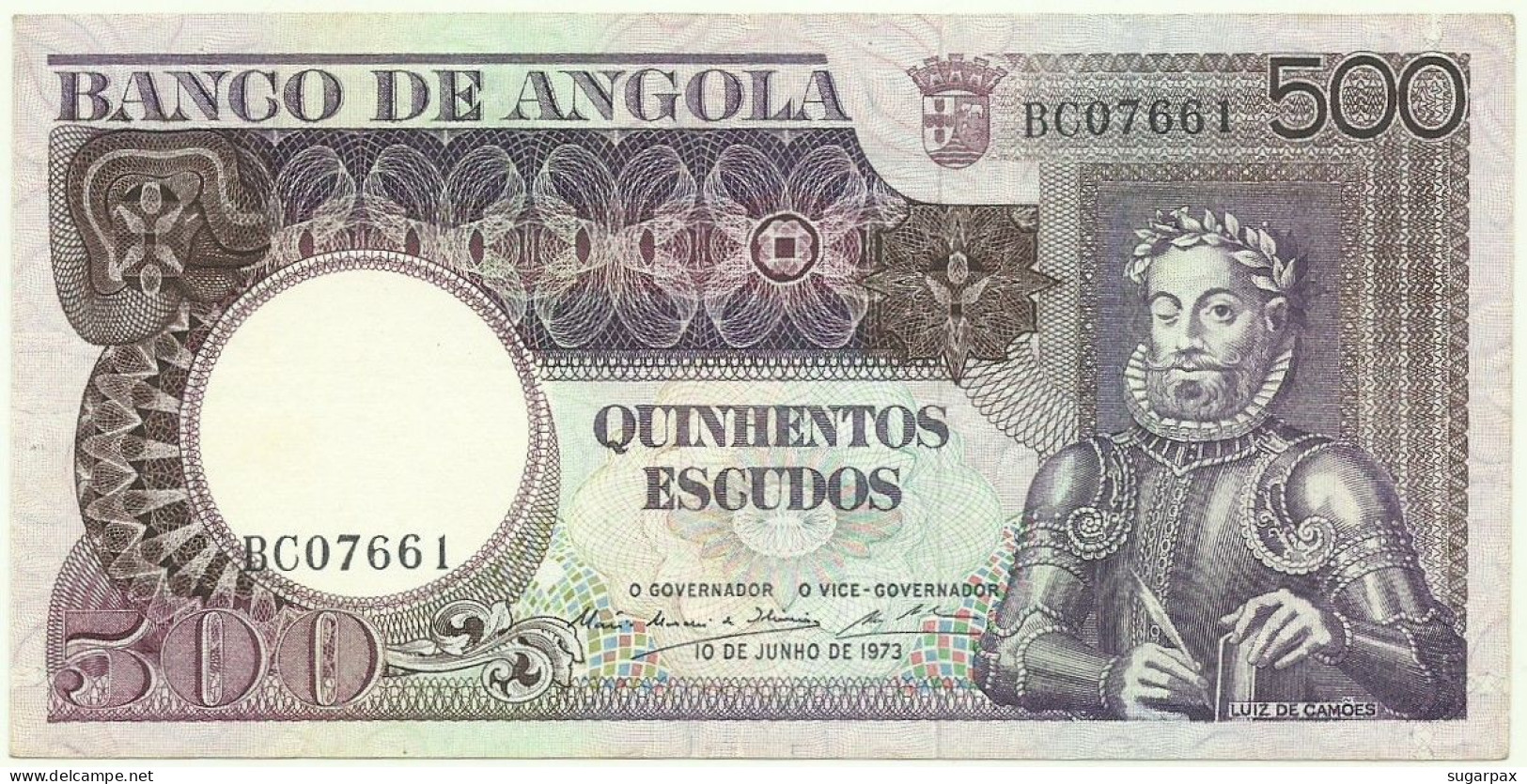 Angola - 500 Escudos - 10.6.1973 - Pick: 107 - Serie BC - Luiz De Camões - PORTUGAL - Angola