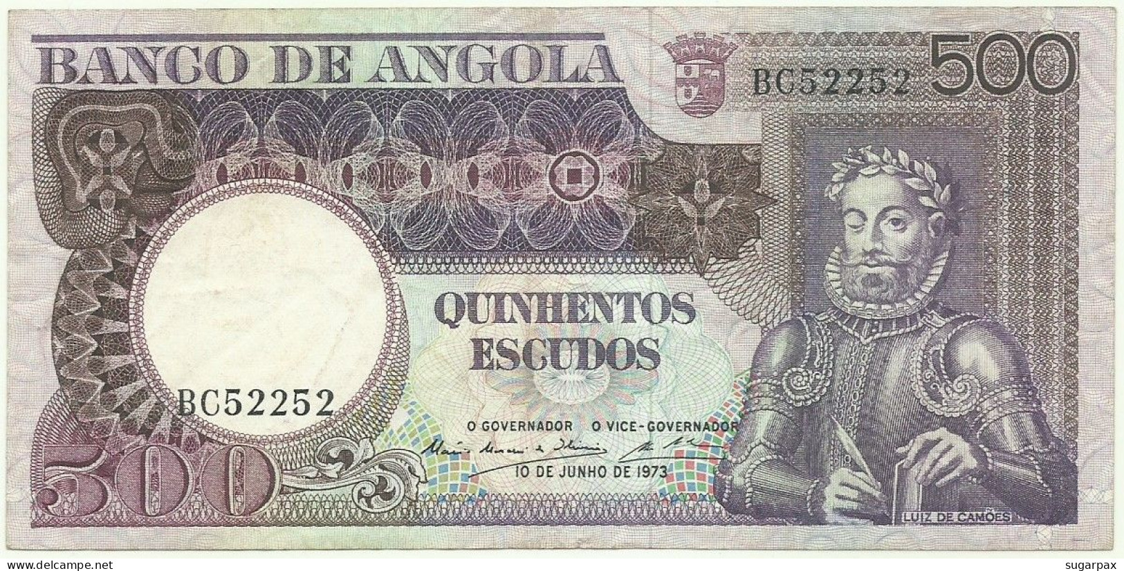 Angola - 500 Escudos - 10.6.1973 - Pick: 107 - Serie BC - Luiz De Camões - PORTUGAL - Angola