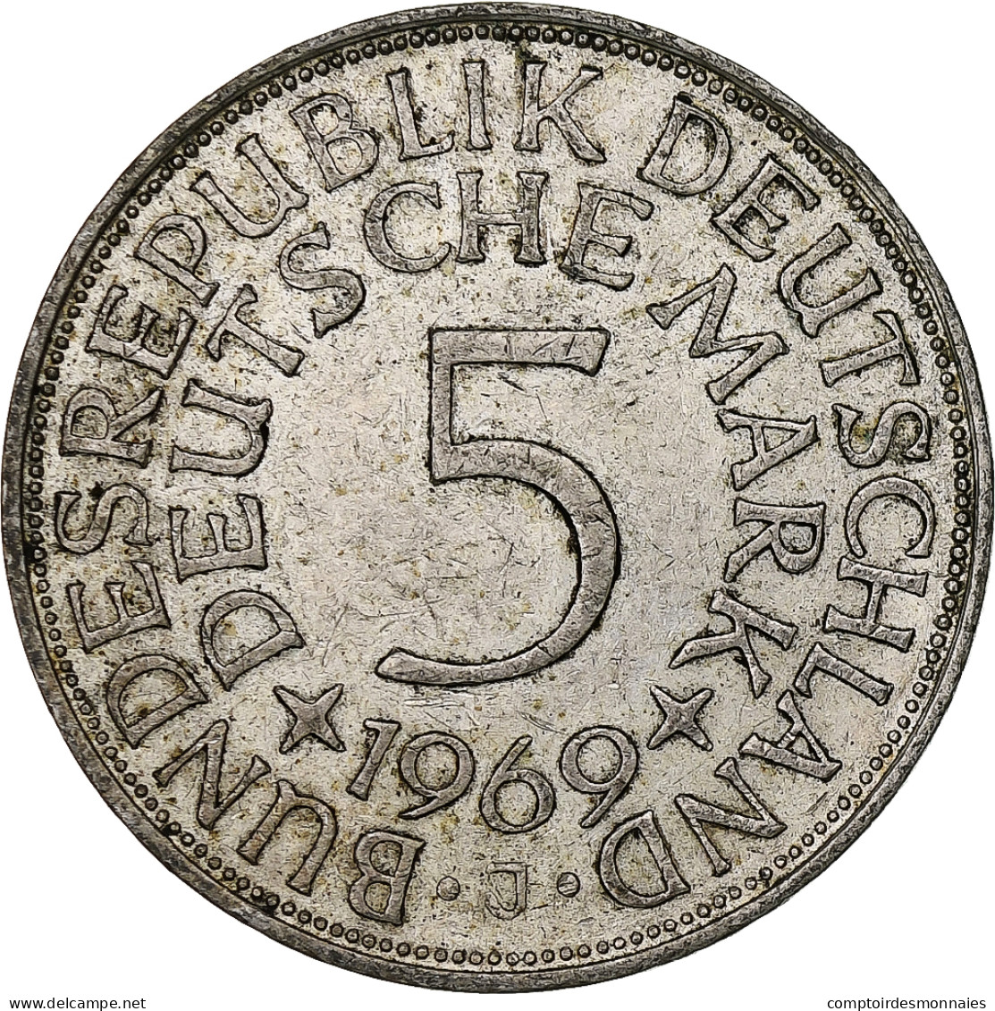 Monnaie, République Fédérale Allemande, 5 Mark, 1969, Hambourg, TTB+, Argent - 5 Mark