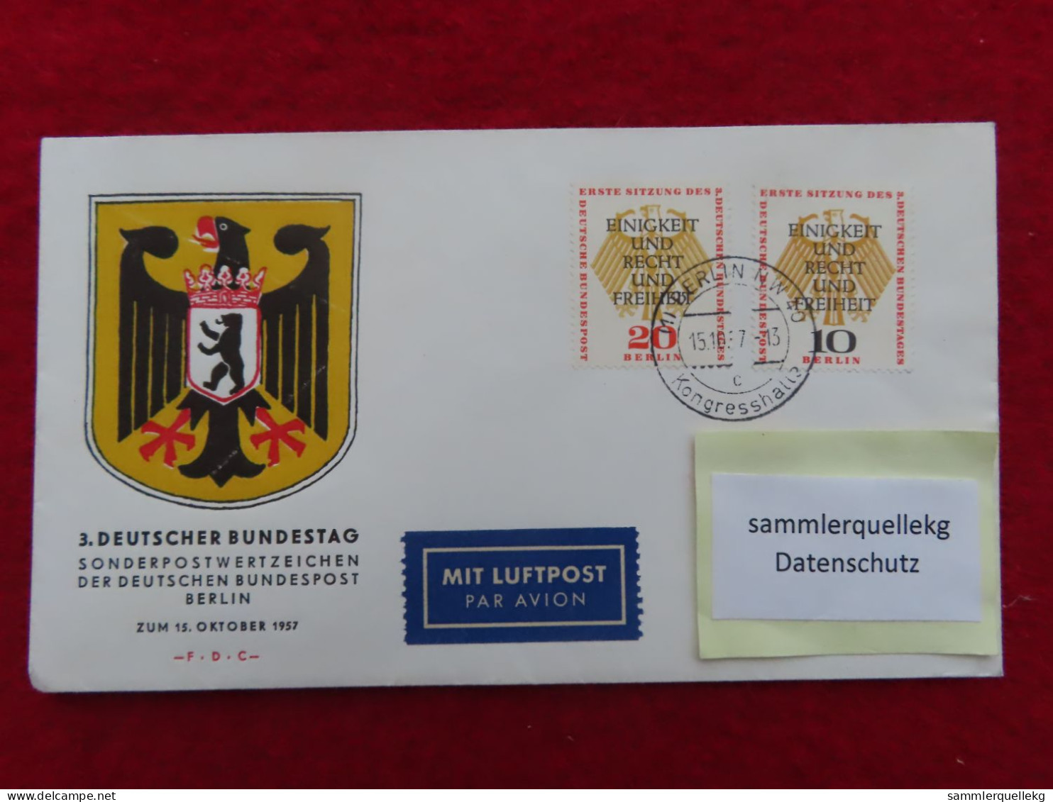 Berlin 174 - 175 Ersttagsbrief 15. 10. 1957, Erste Sitzung 3. Deutscher Bundestag Berlin 1957 - 1948-1970