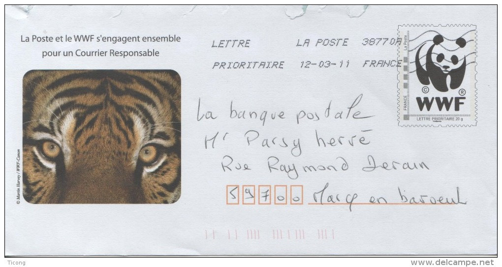 WWF PAP ENTIER POSTAL TIGRE, PANDA FLAMME LA POSTE 2011, VOIR LES SCANNERS - Briefe U. Dokumente