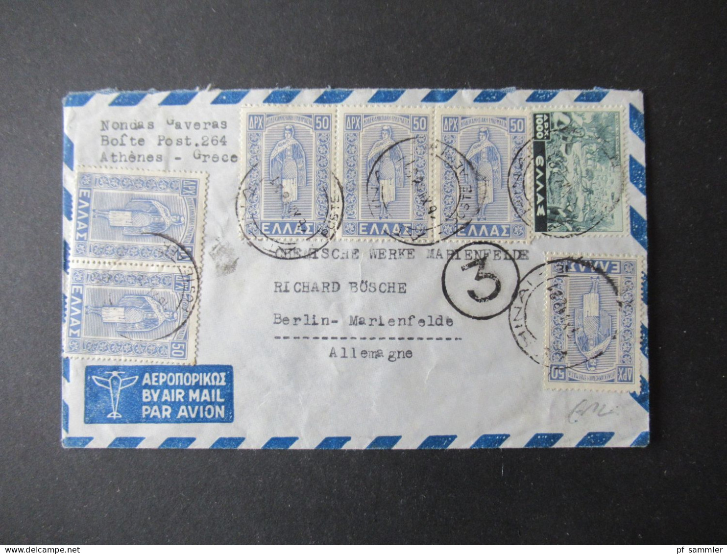 Griechenland Um 1948 Mi.Nr.559 MiF Mit Nr.551 (6) Auslandsbrief Air Mail Luftpost Athenes - Berlin Marienfelde - Covers & Documents