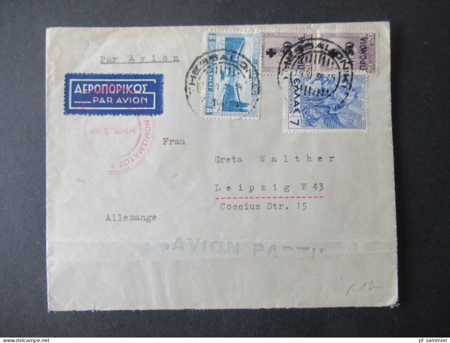 Griechenland 1938 Mi.Nr.372 MiF Luftpost Par Avion Nach Leipzig Stempel Avion Parti + Roten Stempel - Storia Postale