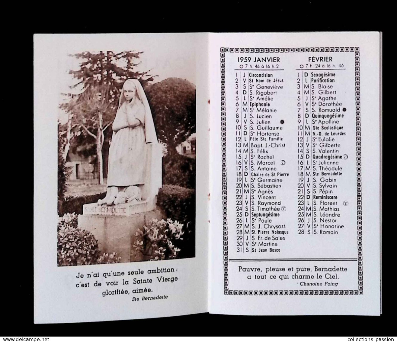 Calendrier Bernadette 1959, Carnet, Maison Mère Des Soeurs De La Charité, 58, Nevers, 16 Pages, 4 Scans, Frais Fr 2.25 E - Tamaño Pequeño : 1941-60