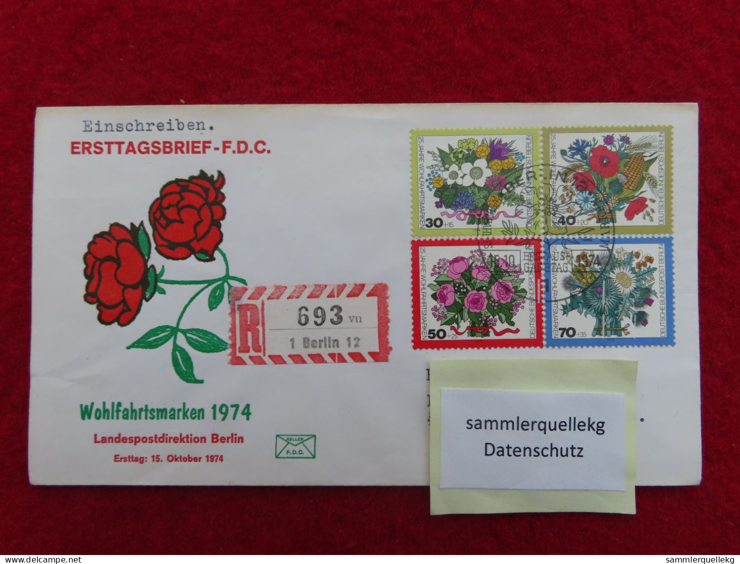 Berlin 473 - 476 Reco Ersttagsbrief 15. 10. 1974, 25 Jahre Wohlfahrtsmarken - Blumensträuße - 1971-1980