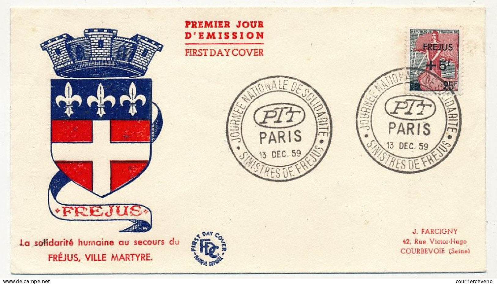 FRANCE - Enveloppe FDC - 25F + 5F FREJUS - Obl Temporaire Solidarité - PARIS - 13 Déc 1959 - 1950-1959
