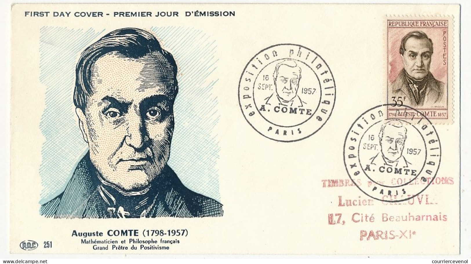 FRANCE - 2 Env FDC - 35F Auguste Comte - Montpellier - 14 Sept 1957 + Paris Cachet Temporaire 16 Sept 1957 - 1950-1959