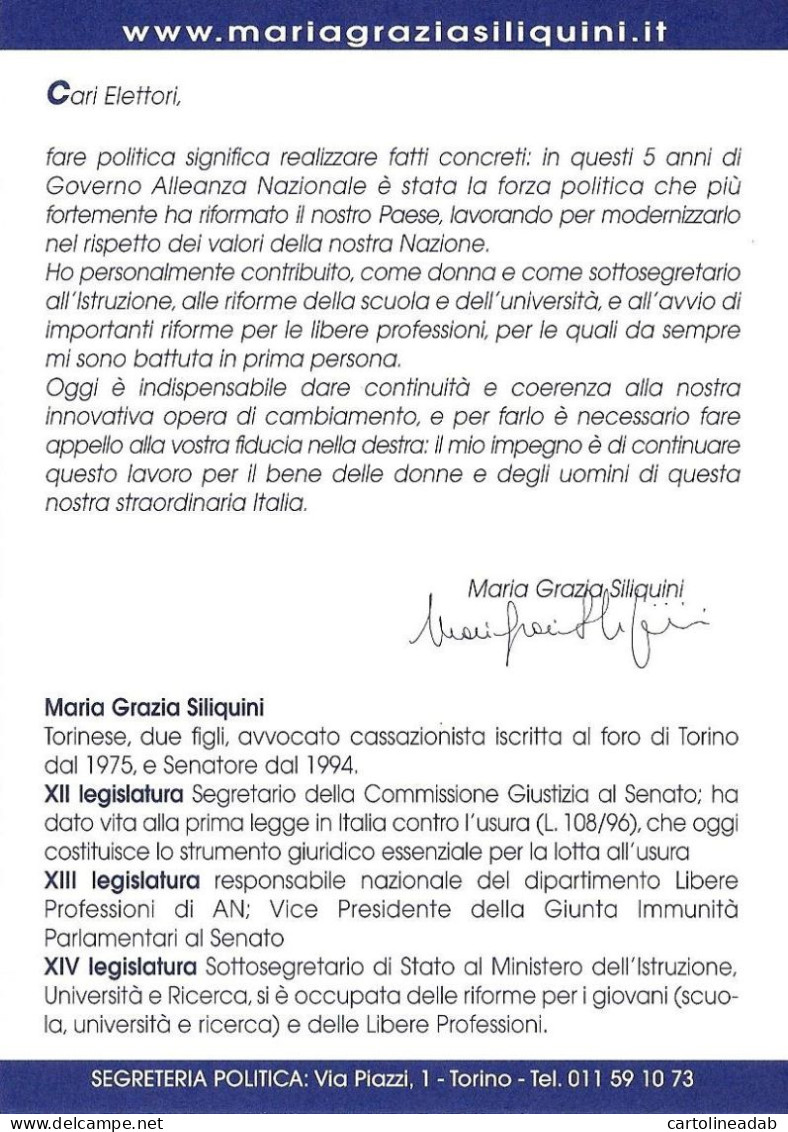 [MD8589] CPM - ALLEANZA NAZIONALE FINI - MARIA GRAZIA SILIQUINI - ALLA CAMERA VOTA COSI' - PERFETTA - Non Viaggiata - Partis Politiques & élections