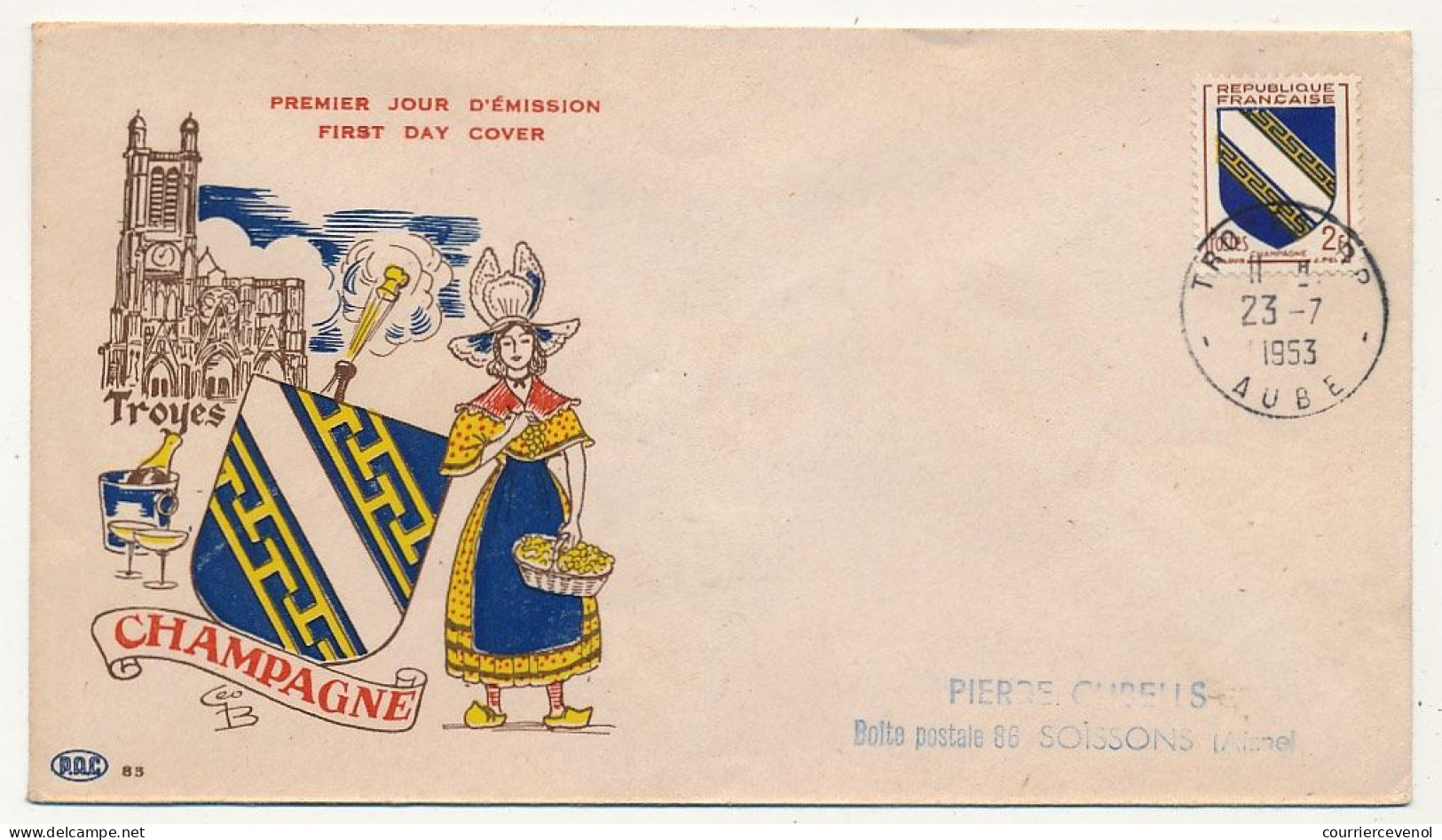 FRANCE - Env. FDC - 2F Armoiries De Champagne - Obl Ordinaire TROYES (Aube) - 23/7/1953 - 1950-1959