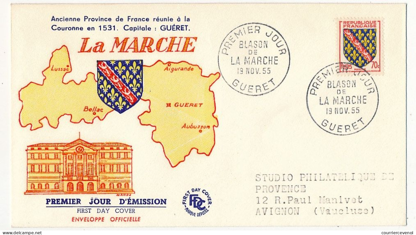 FRANCE - Env. FDC - 70c Blason De La Marche - GUERET - 19 Novembre 1955 - 1950-1959