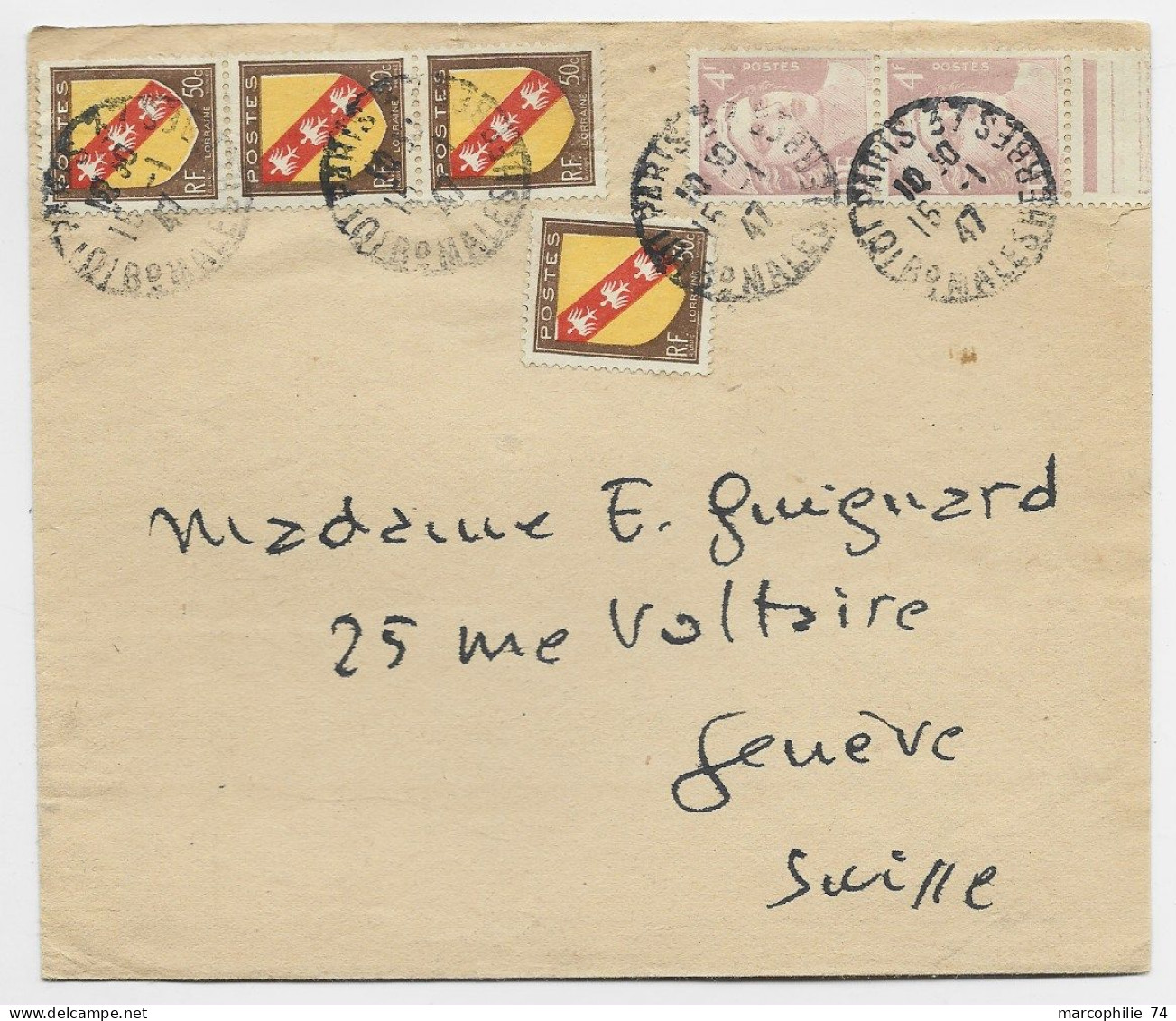 BLASON 50C NANCYX4+ 4FR GANDON VIOLETX2 LETTRE PARIS 16.1.1947 POUR SUISSE AU TARIF - 1941-66 Wapenschilden