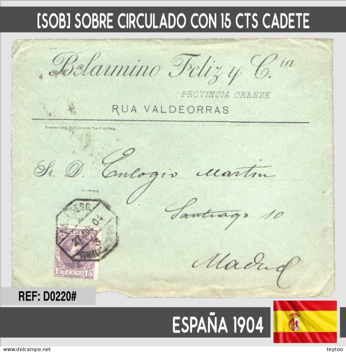D0220# España 1904. [SOB] Sobre Circulado Con 15 Cts Cadete Y Matasello Ambulante (C) - Sonstige & Ohne Zuordnung