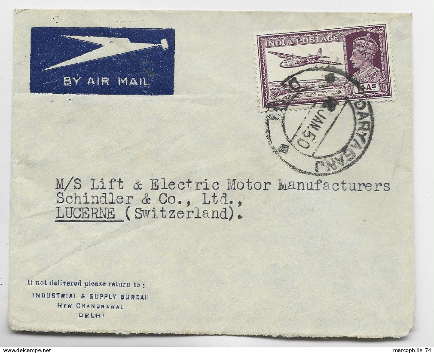 INDIA POSTAGE 14AS SOLO LETTRE COVER AIR MAIL DARYAGANU 12 JANV 1950 TO SUISSE - 1936-47  George VI