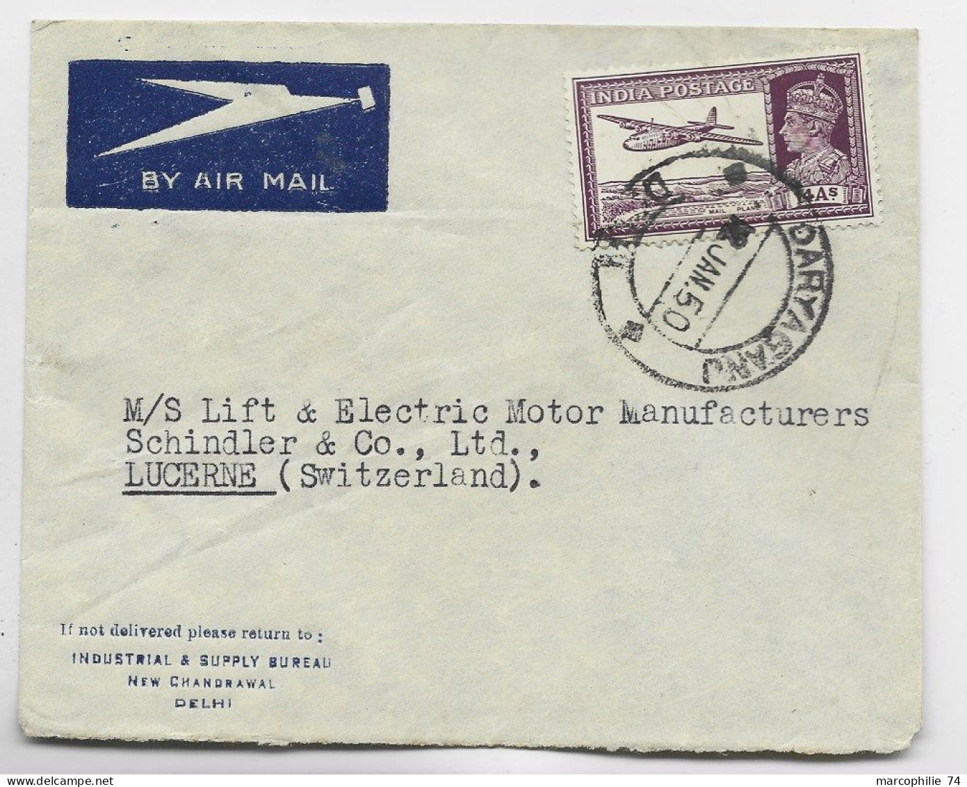 INDIA POSTAGE 14AS SOLO LETTRE COVER AIR MAIL DARYAGANU 12 JANV 1950 TO SUISSE - 1936-47 King George VI