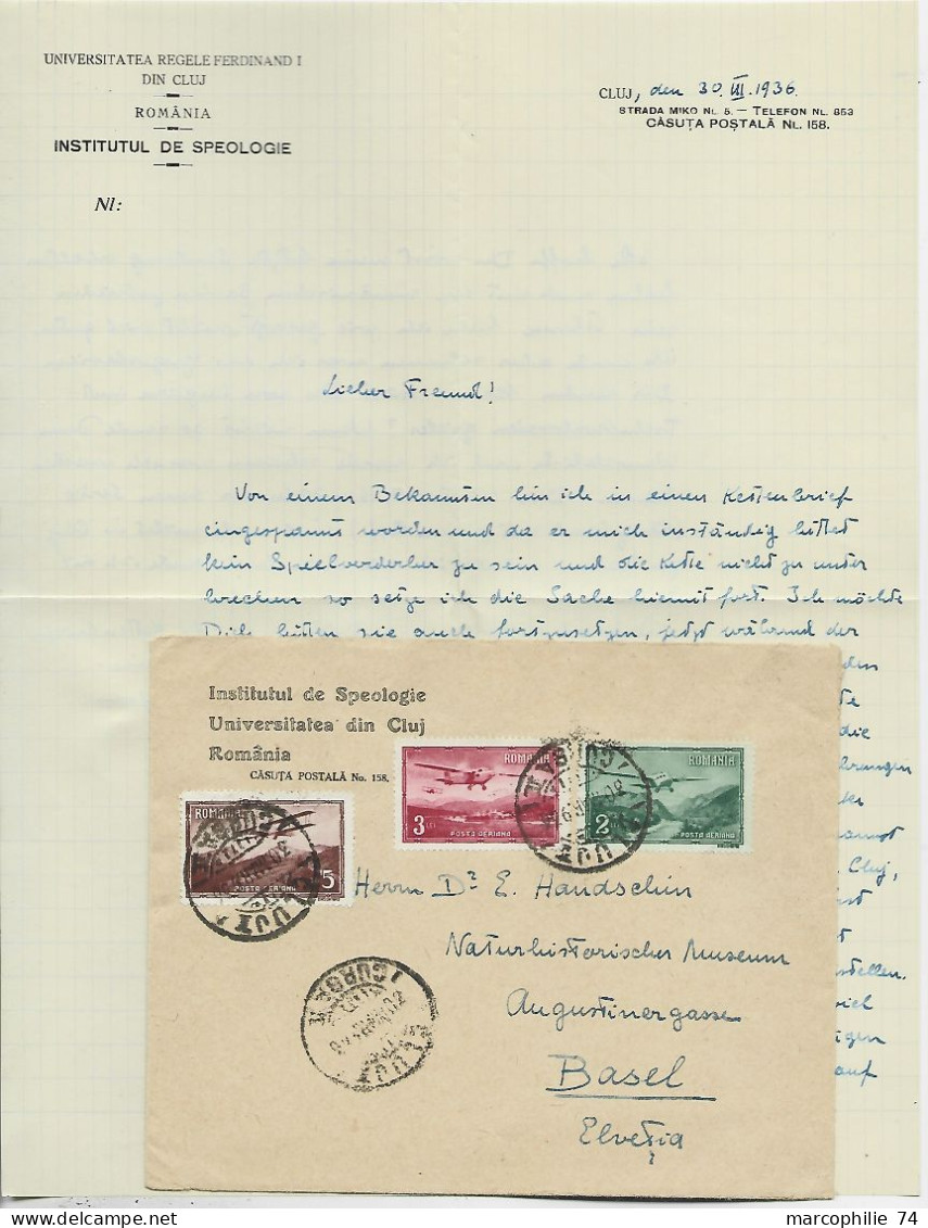 ROMANIA PA 2 LEI +3LEI + 5LEI LETTRE COVER INSITUT SPEOLOGIE DIN CLUJ 1933 TO SUISSE - Storia Postale