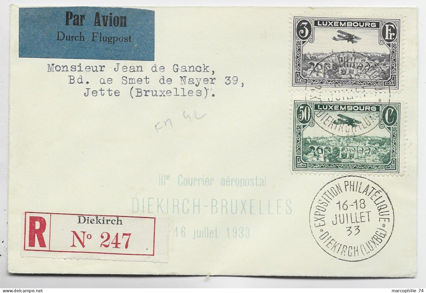 LUXEMBOURG PA 3FR+50C LETTRE COVER AVION REC DIEKIRCH 16.18 JUILLET 1933 TO BRUXELLES - Briefe U. Dokumente