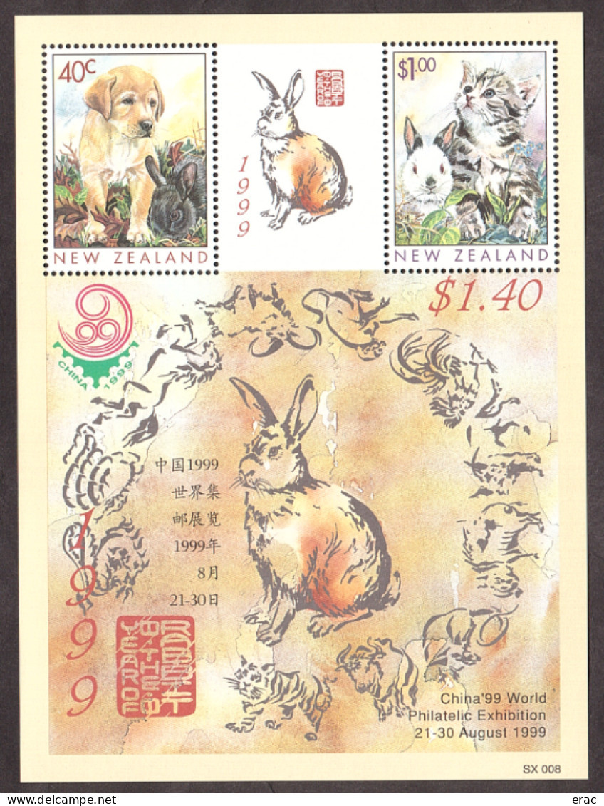 Nouvelle-Zélande - 1999 - BF 134 - Neuf ** - Année Lunaire Chinoise Du Lapin - Chiot - Chaton - Blocks & Sheetlets