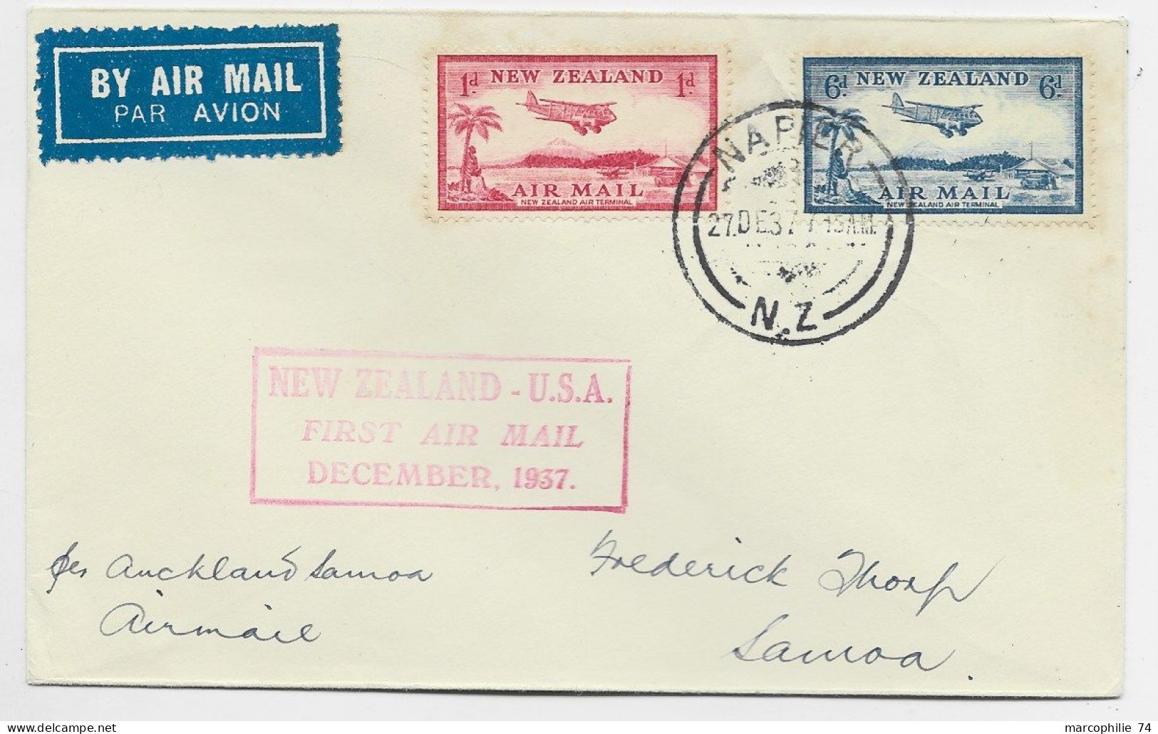 NEW ZEALAND PA 1D+6D LETTRE COVER AIR MAIL NAPIER 17 DEC 1937 TO SAMOA - Corréo Aéreo