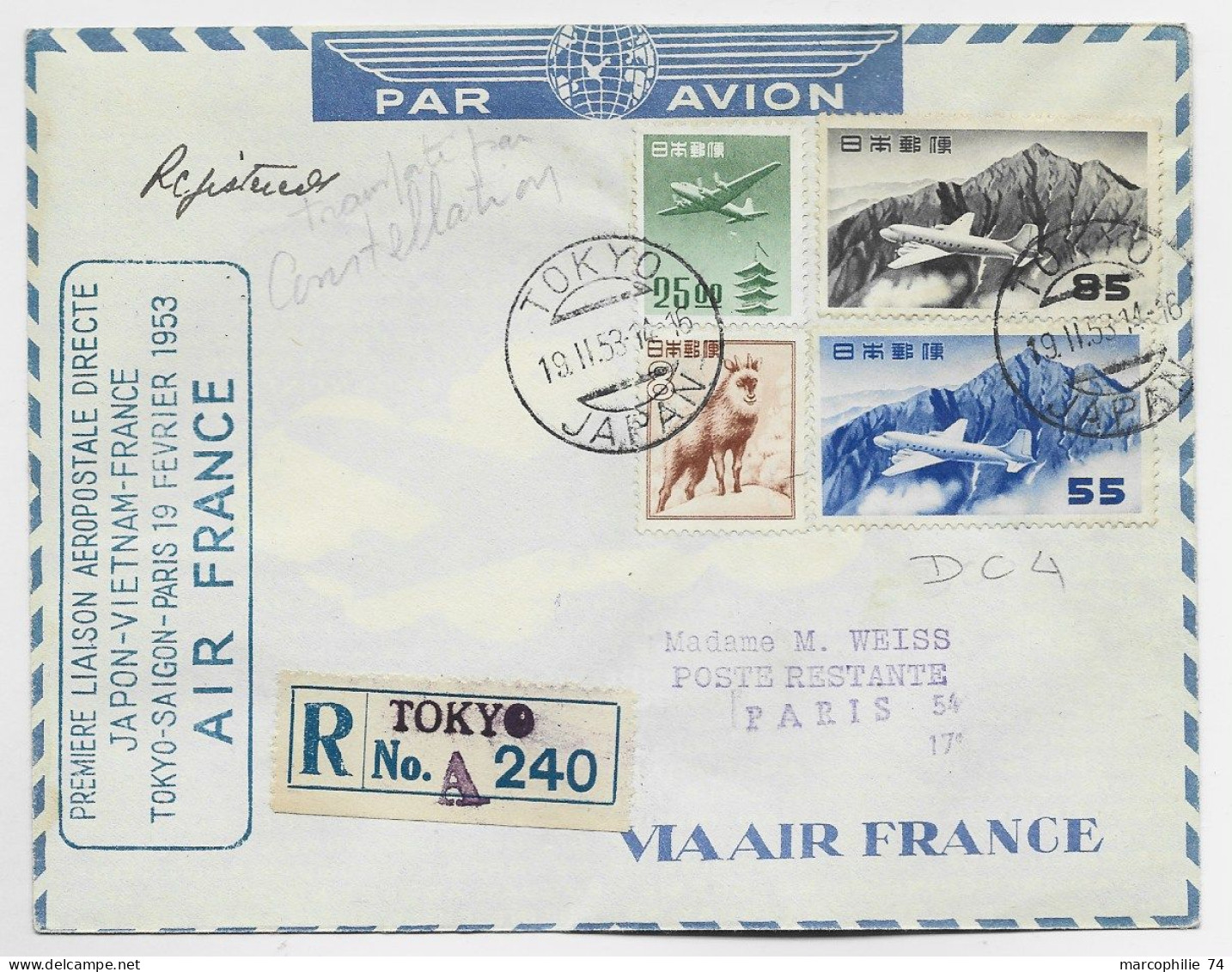 JAPAN JAPON PA 55+85+25.00+ 8 ANIMAL LETTRE COVER REC TOKYO 19.II.1959 AIR FRANCE JAPON VIETNAM FRANCE TOKYO SAIGON - Posta Aerea