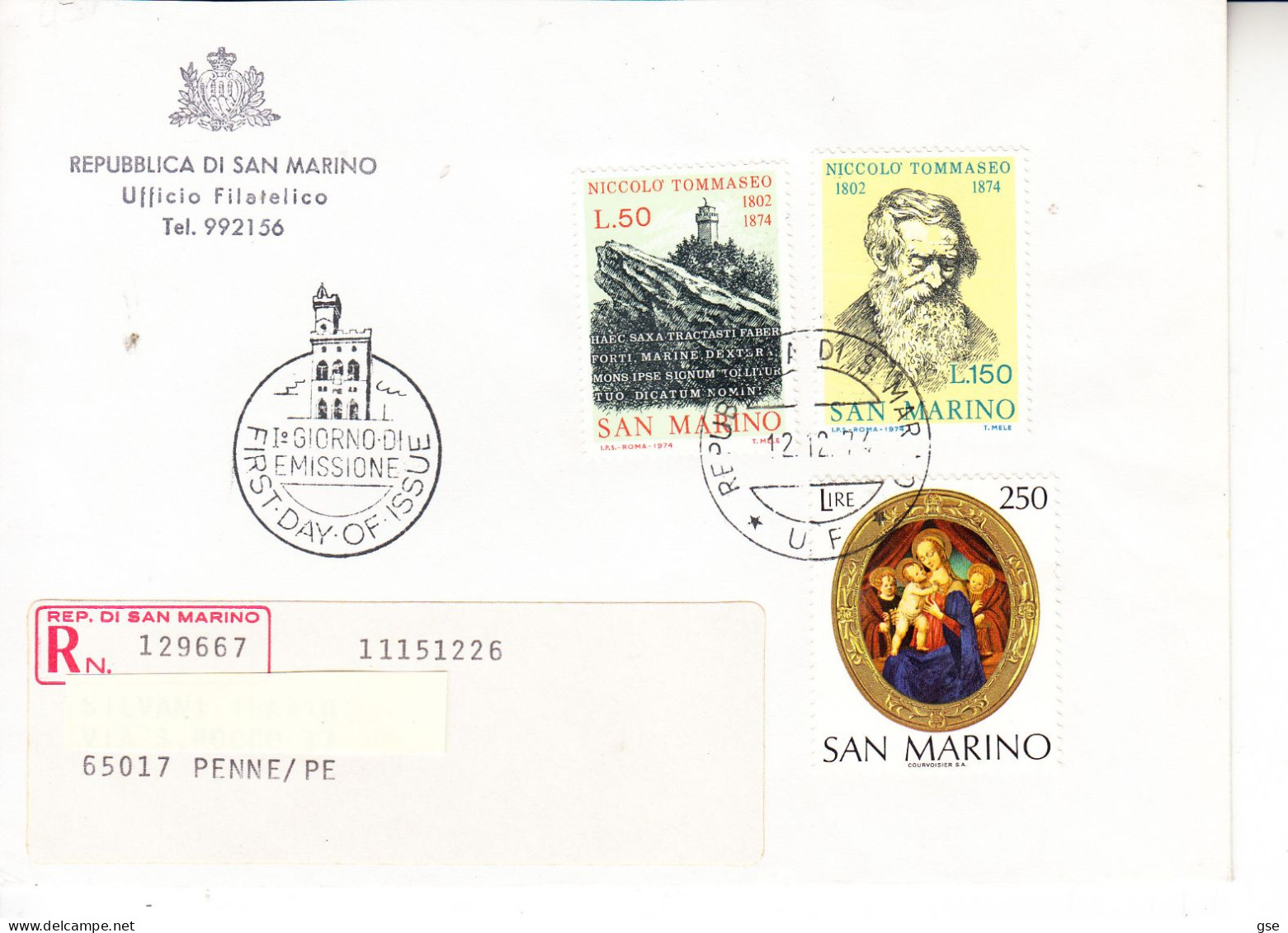 SAN MARINO  1974 -Sassone 929/30 Tomasseo - Covers & Documents