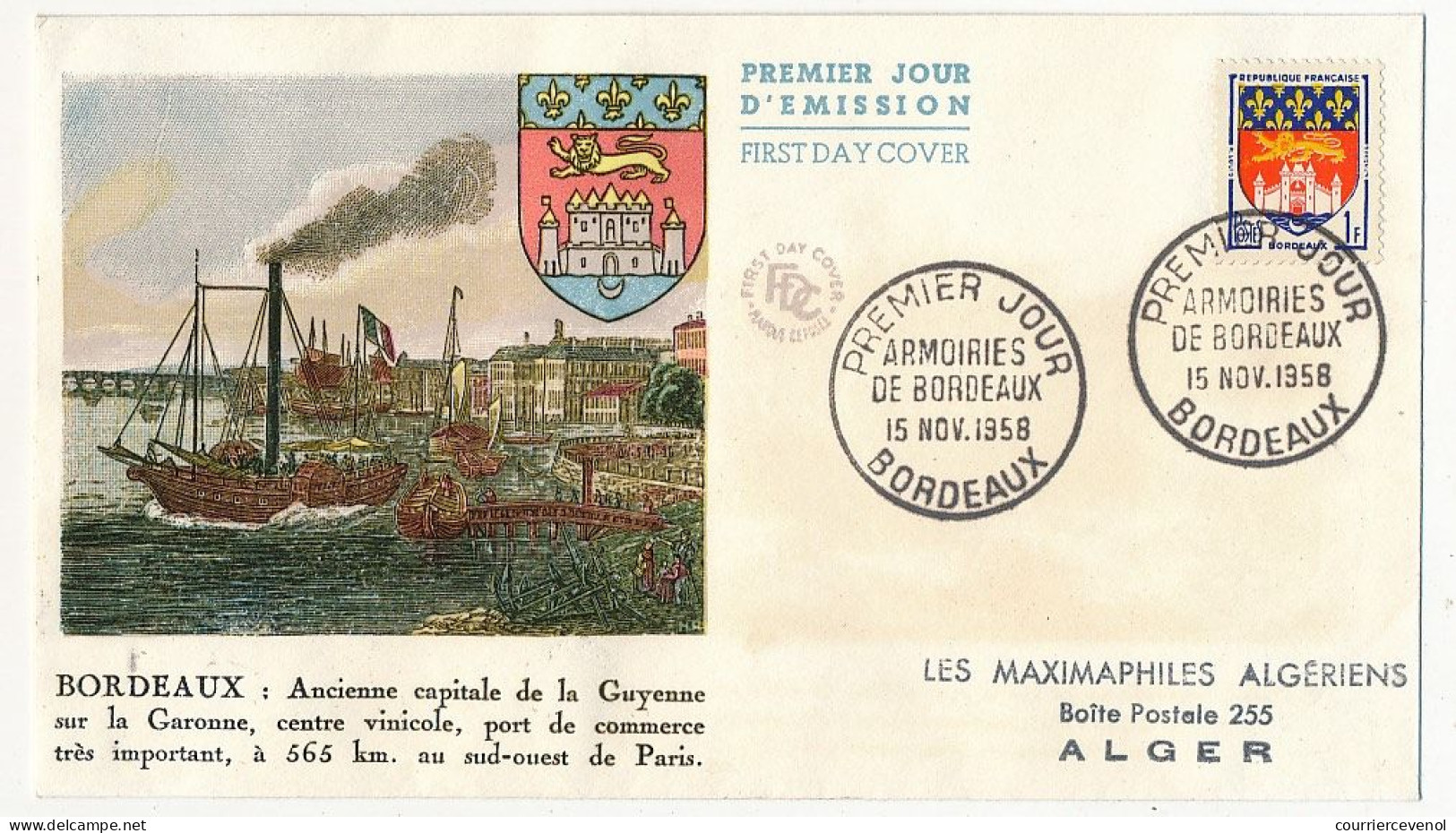 FRANCE - Env. FDC 1F Armoiries De Bordeaux - Bordeaux - 15 Novembre 1958 - 1950-1959