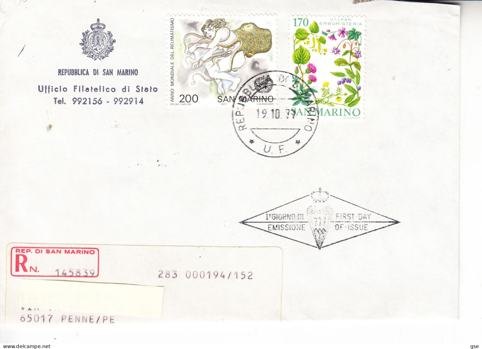 SAN MARINO  1977 -  Sassone  995/6 -  Salute - Covers & Documents