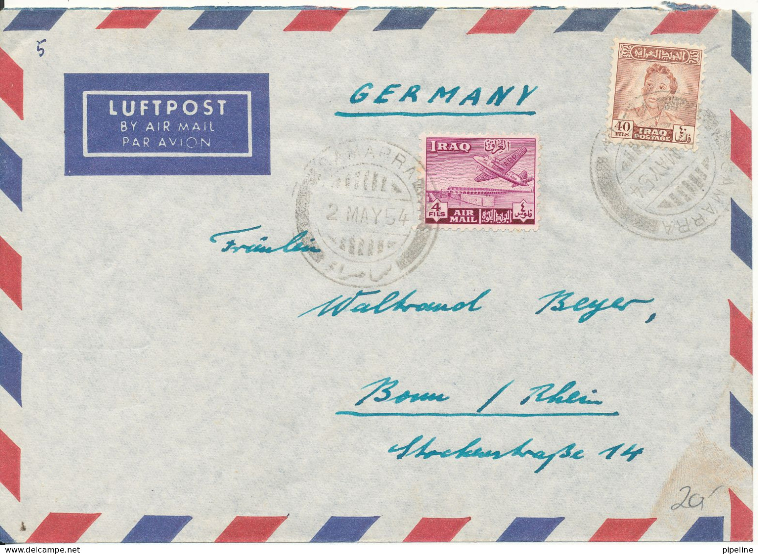 Iraq Air Mail Cover Sent To Germany 2-5-1954 - Iraq