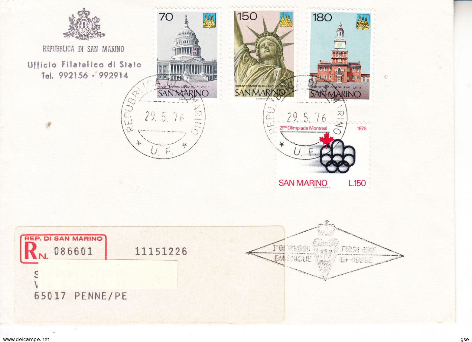 SAN MARINO  1976 -  Sassone  963/5 - USA - Lettres & Documents