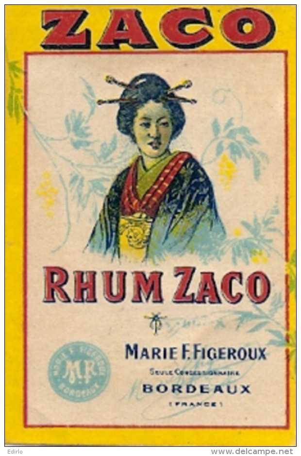 étiquette  - Pour Mignonette RHUM ZACO - Parafinée - BORDEAUX - Rhum
