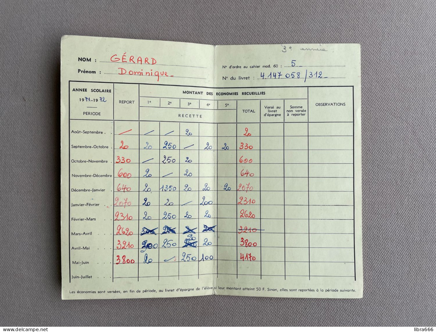 CARTE D'ÉPARGNE SCOLAIRE - CAISSE GENERALE D'EPARGNE ET DE RETRAITE - 1971-1972 / GÉRARD Dominique (Carte Mod. 60) - Banque & Assurance