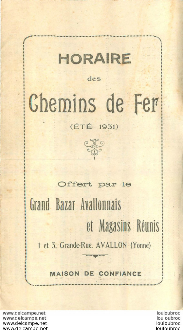 HORAIRE DES CHEMINS DE FER ETE 1931 AVALLON YONNE - Europe
