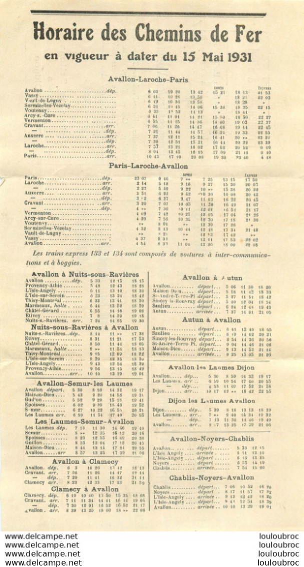 HORAIRE DES CHEMINS DE FER ETE 1931 AVALLON YONNE - Europa