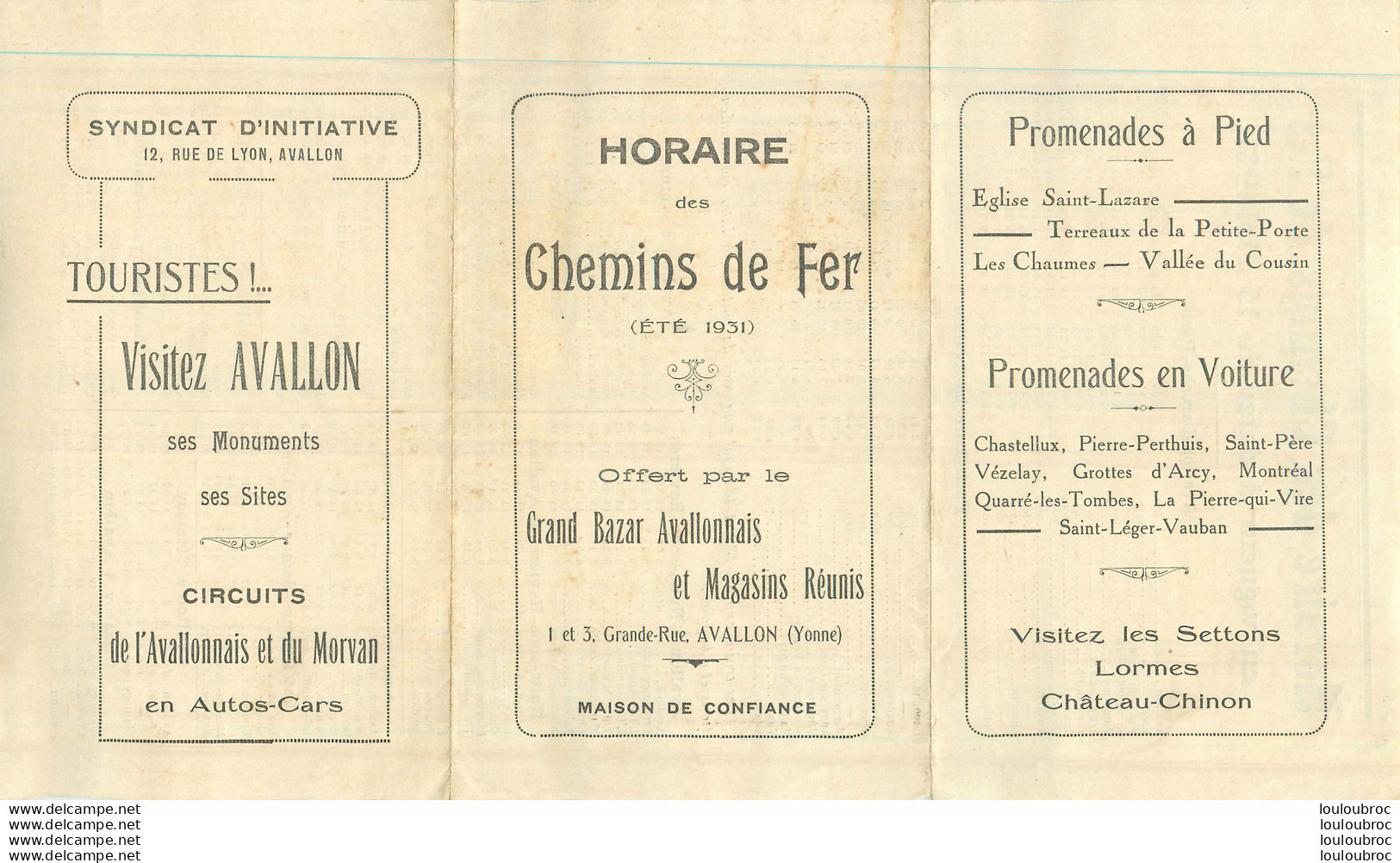 HORAIRE DES CHEMINS DE FER ETE 1931 AVALLON YONNE - Europa