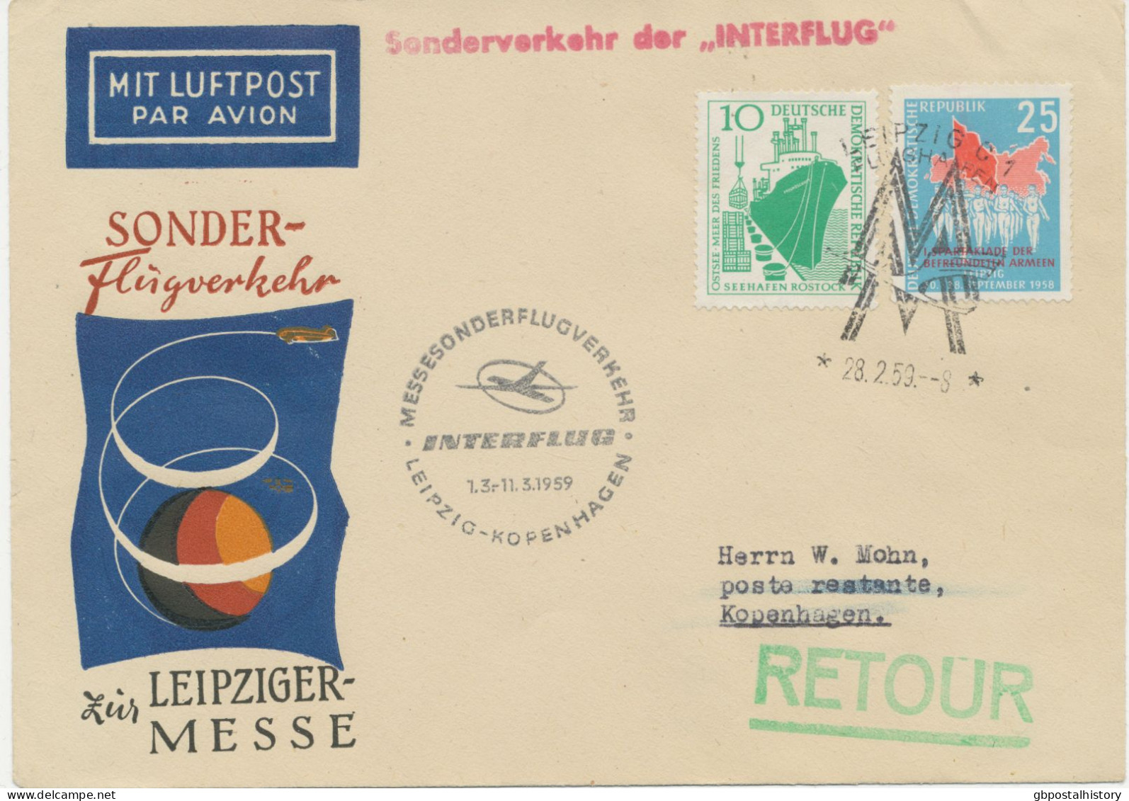 DDR 1.3.1959, Erstflug INTERFLUG Leipziger Frühjahrsmesse „LEIPZIG – KOPENHAGEN“ (HLIII/3 / Dah.41b) - Posta Aerea