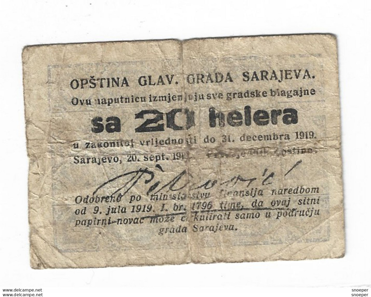 *slovenia Notgeld Sarajevo 20 Helera 1919 - Slovenië
