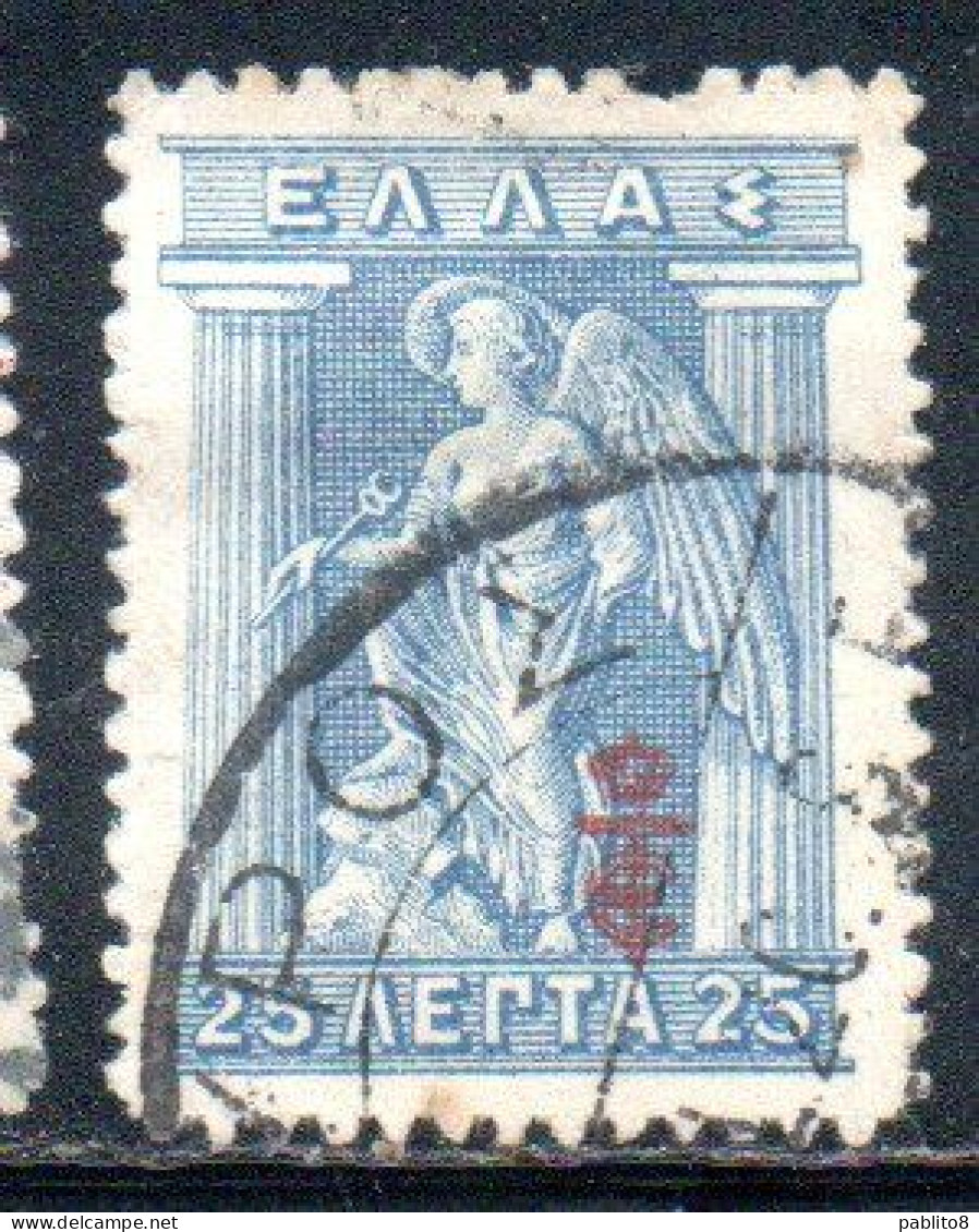 GREECE GRECIA ELLAS 1916 OVERPRINTED IN RED IRIS HOLDING CADUCEUS 25l USED USATO OBLITERE' - Oblitérés