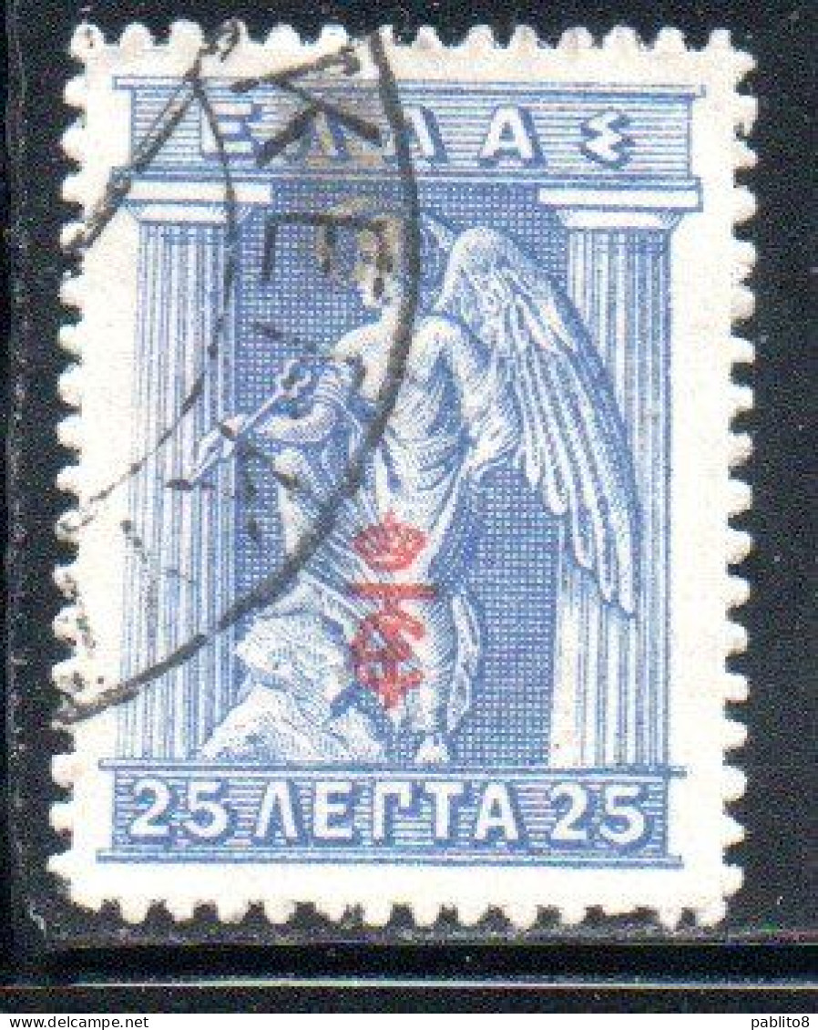 GREECE GRECIA ELLAS 1916 OVERPRINTED IN RED IRIS HOLDING CADUCEUS 25l USED USATO OBLITERE' - Oblitérés