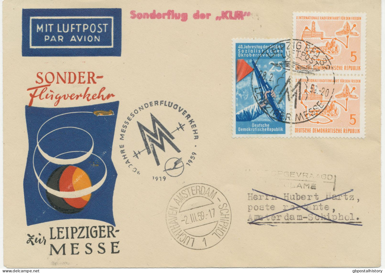 DDR 2.3.1957, Sonderflug Der KLM Zur Leipziger Frühjahrsmesse „LEIPZIG – AMSTERDAM“ (HLII/22 / Dah.28g) - Luftpost