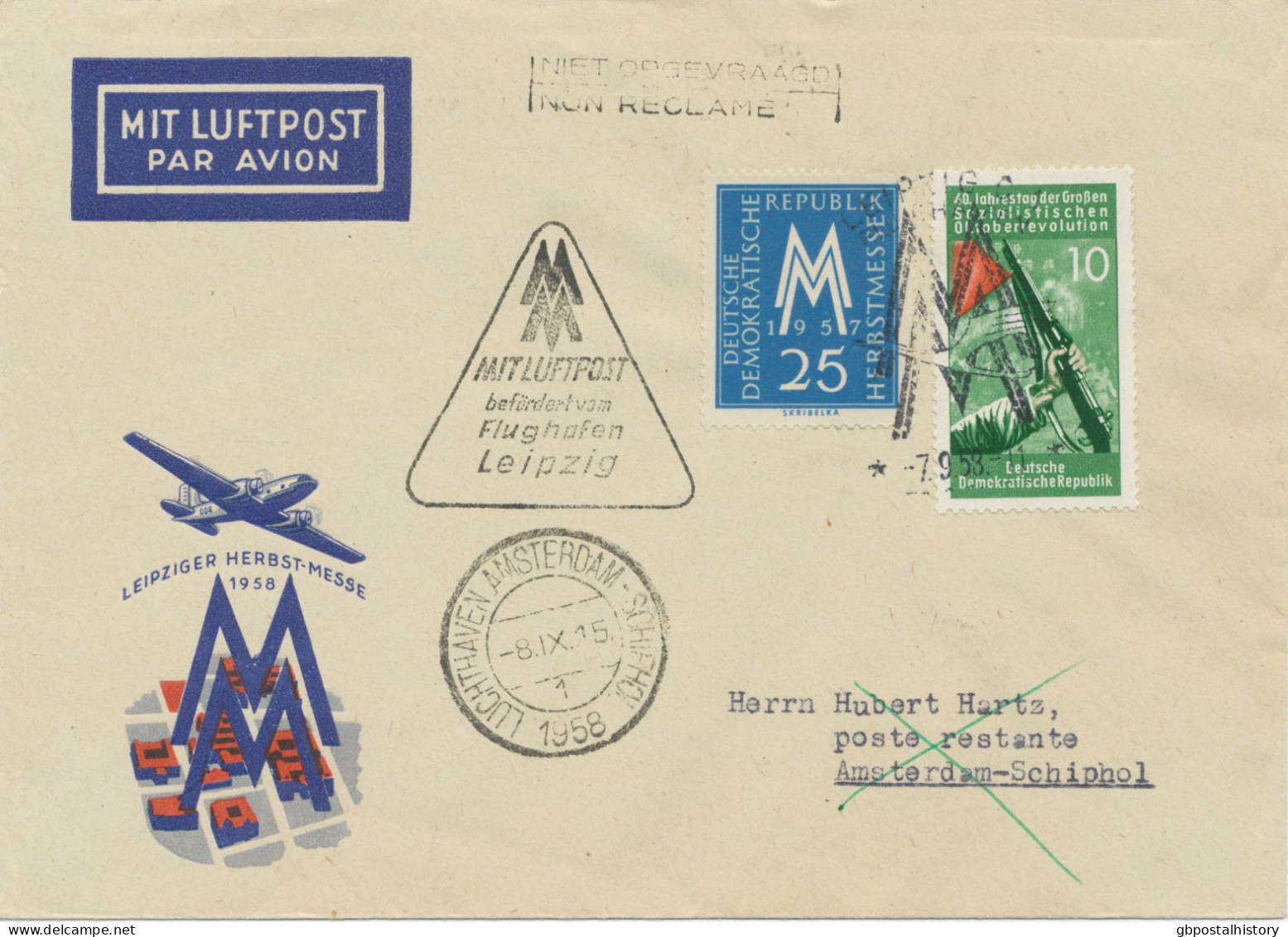 DDR 8.9.1958, Sonderflug Der KLM Zur Leipziger Herbstmesse „LEIPZIG – AMSTERDAM“ (HLII/49 / Dah.39) - Posta Aerea