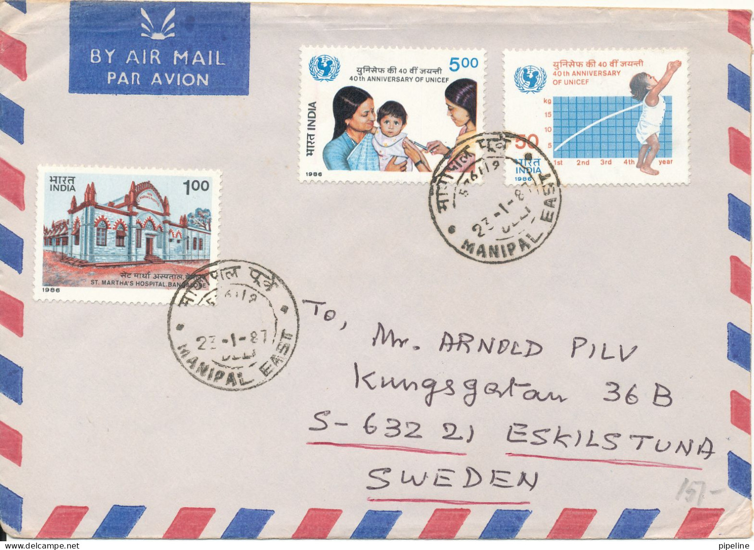 India Air Mail Cover Sent To Sweden 23-1-1987 Topic Stamps - Poste Aérienne