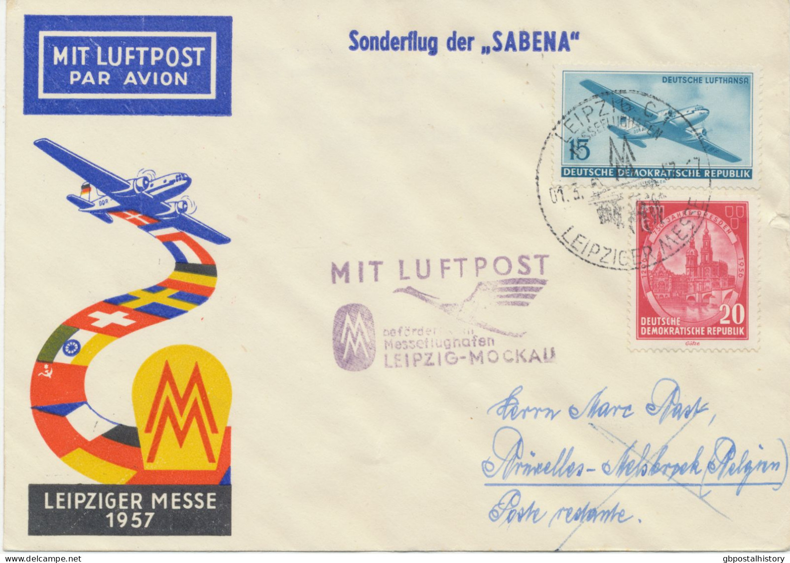 DDR 1.3.1957, Sonderflug Der SABENA Zur Leipziger Frühjahrsmesse Erster Flugtag „LEIPZIG – BRÜSSEL“ (SABENA – Existierte - Posta Aerea