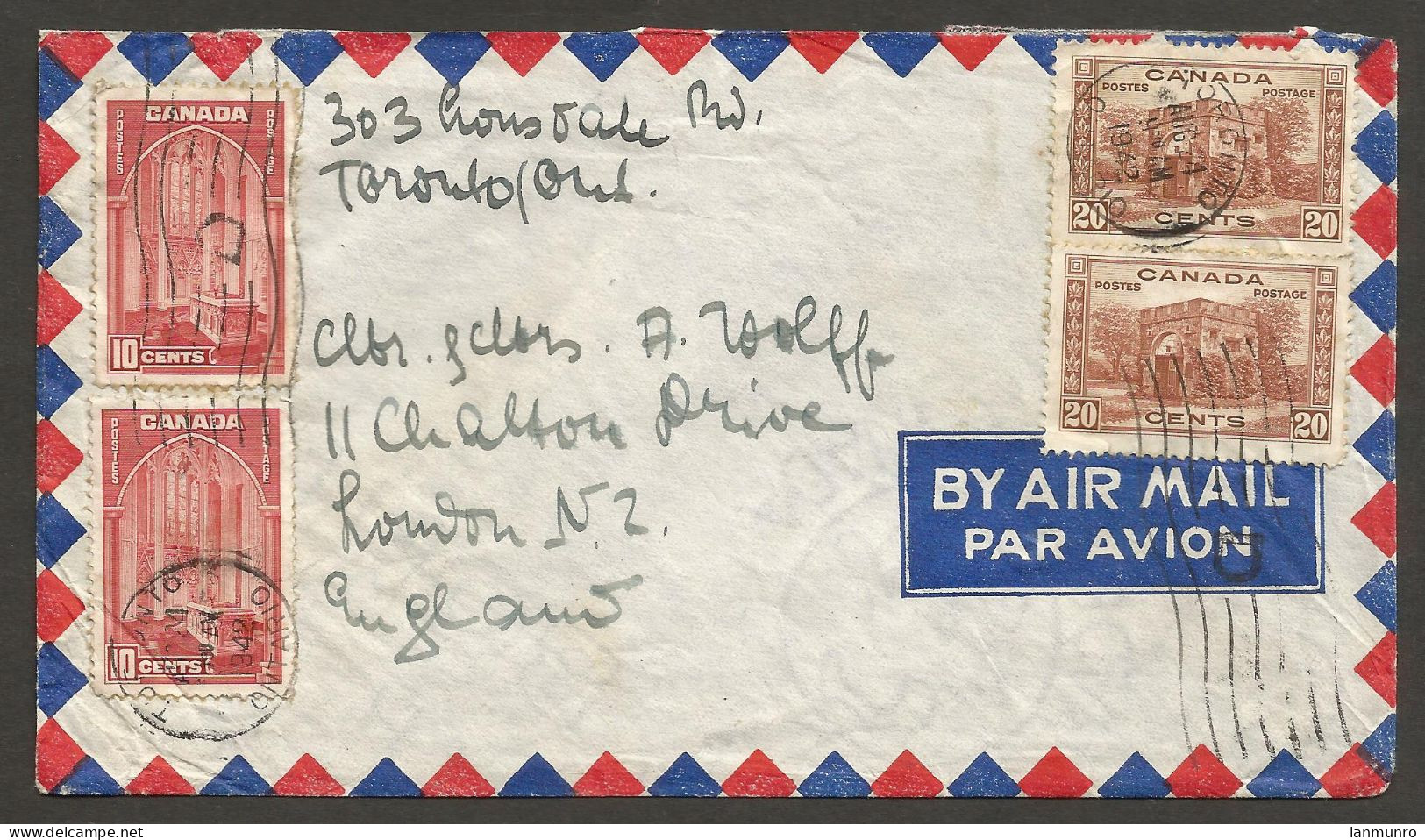 1942 Airmail Cover 60c Double Transatlantic Rate Toronto Ontario To England - Storia Postale