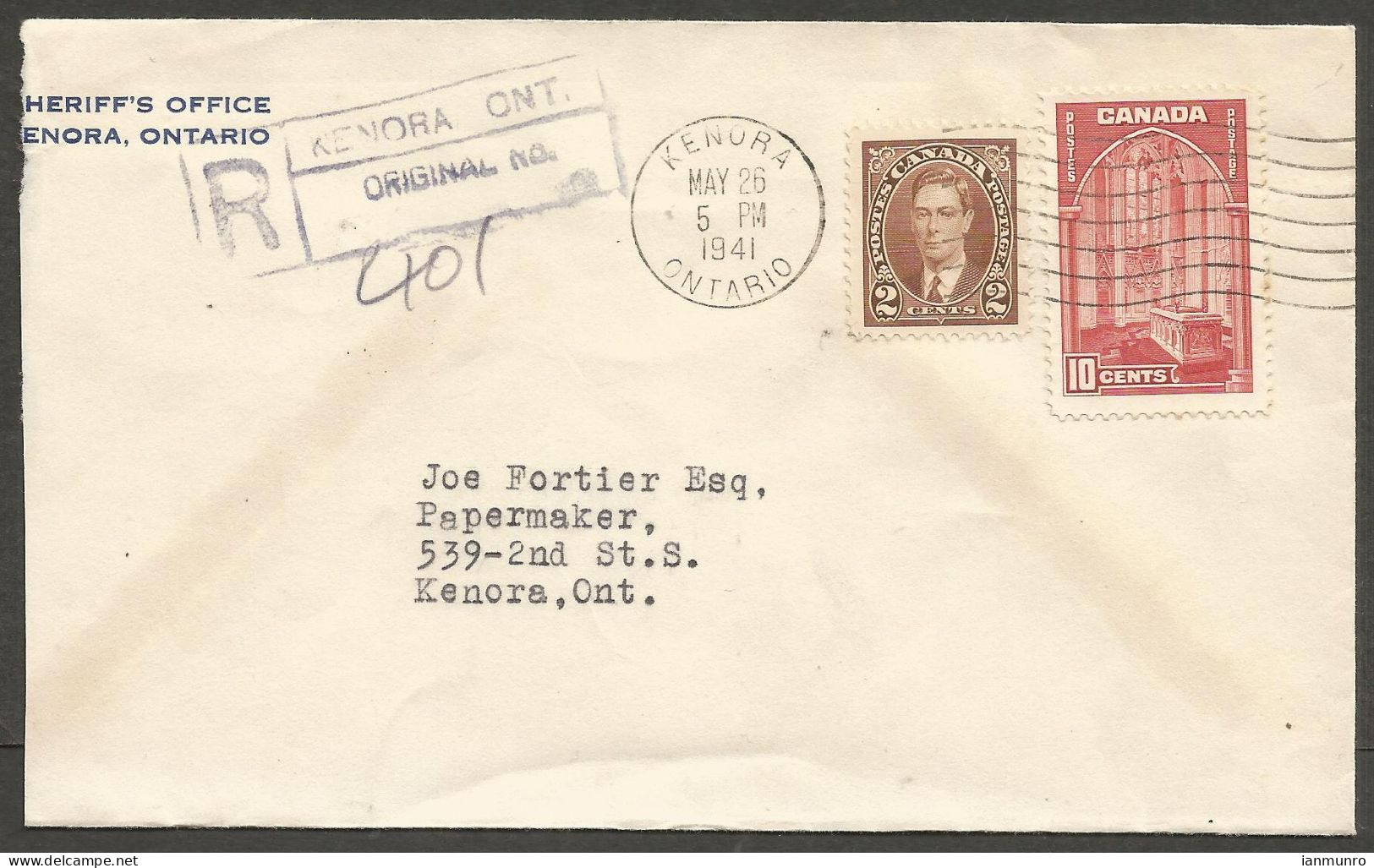 1941 Sheriffs Office Corner Card Cover Registered 12c Mufti/Chamber Kenora Ontario - Historia Postale