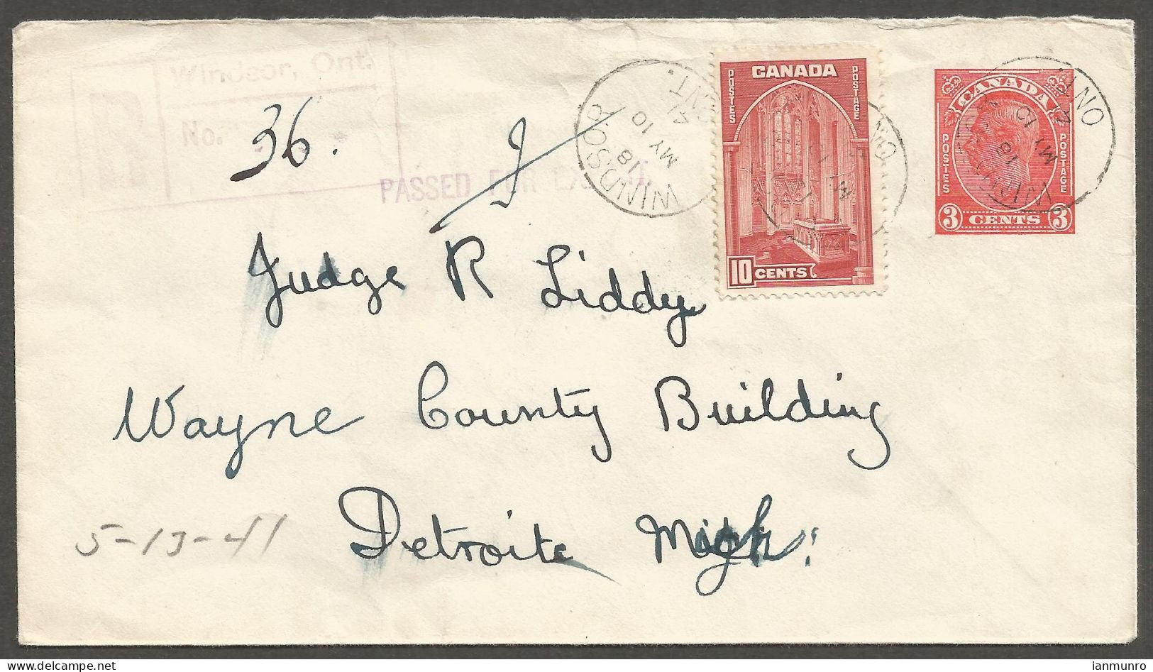 1941 Registered Cover 13c Chamber/Uprated PSE CDS Windsor Ontario To USA - Postal History