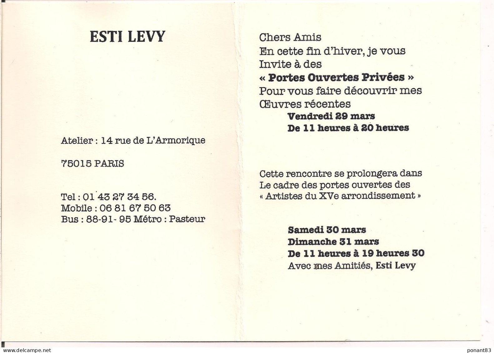Carte Invitation D'Esti LEVY Aux  Portes Ouvertes Privées Le 29 Mars - Atelier Du 14 Rue De L'Armorique 75015 Paris. - Other & Unclassified