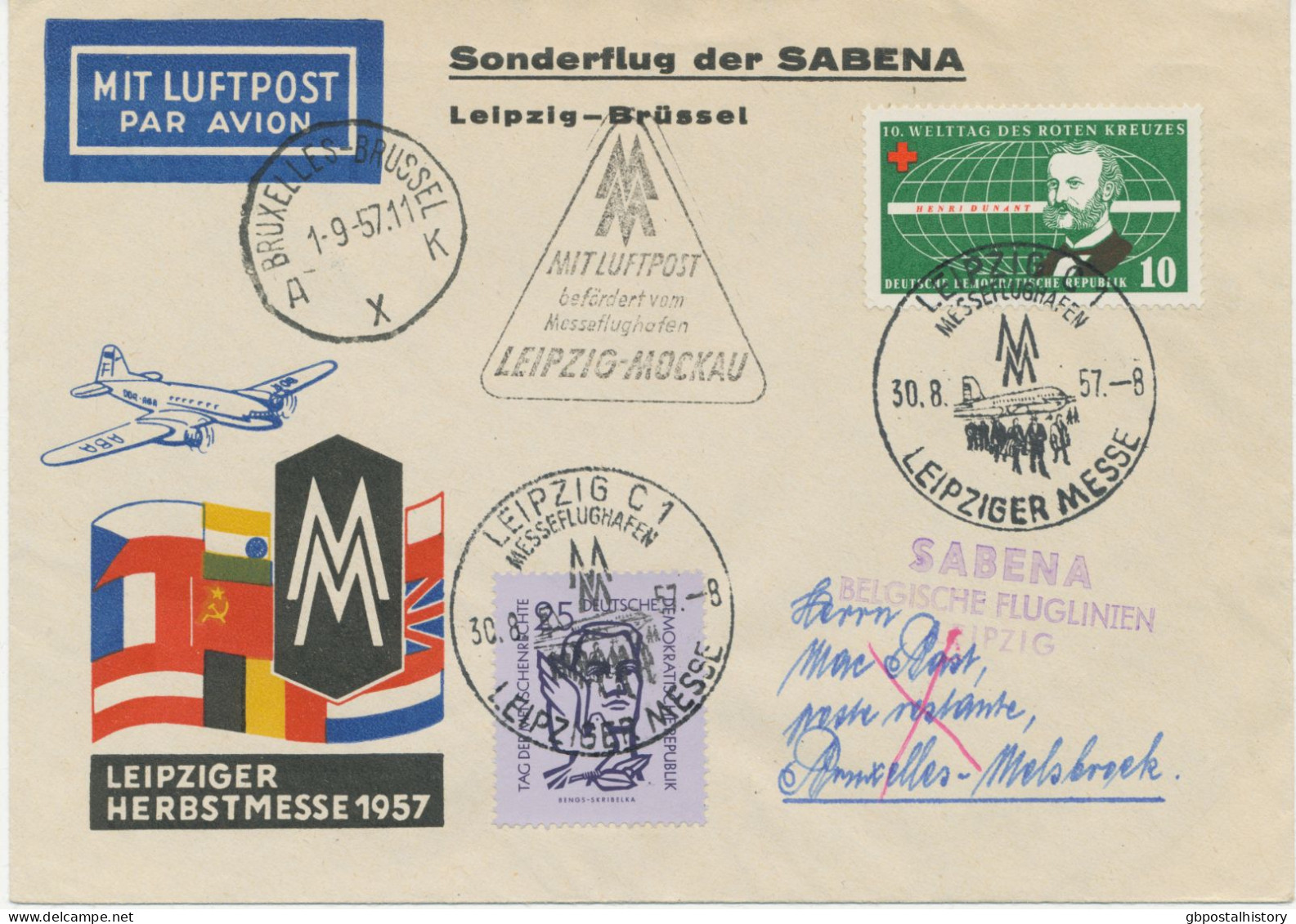 DDR 30.8.1957, Leipziger Herbst-Messe-Sonderflug Sabena Erster Flugtag „LEIPZIG-MOCKAU – BRÜSSEL“ (SABENA – Existierte V - Luftpost