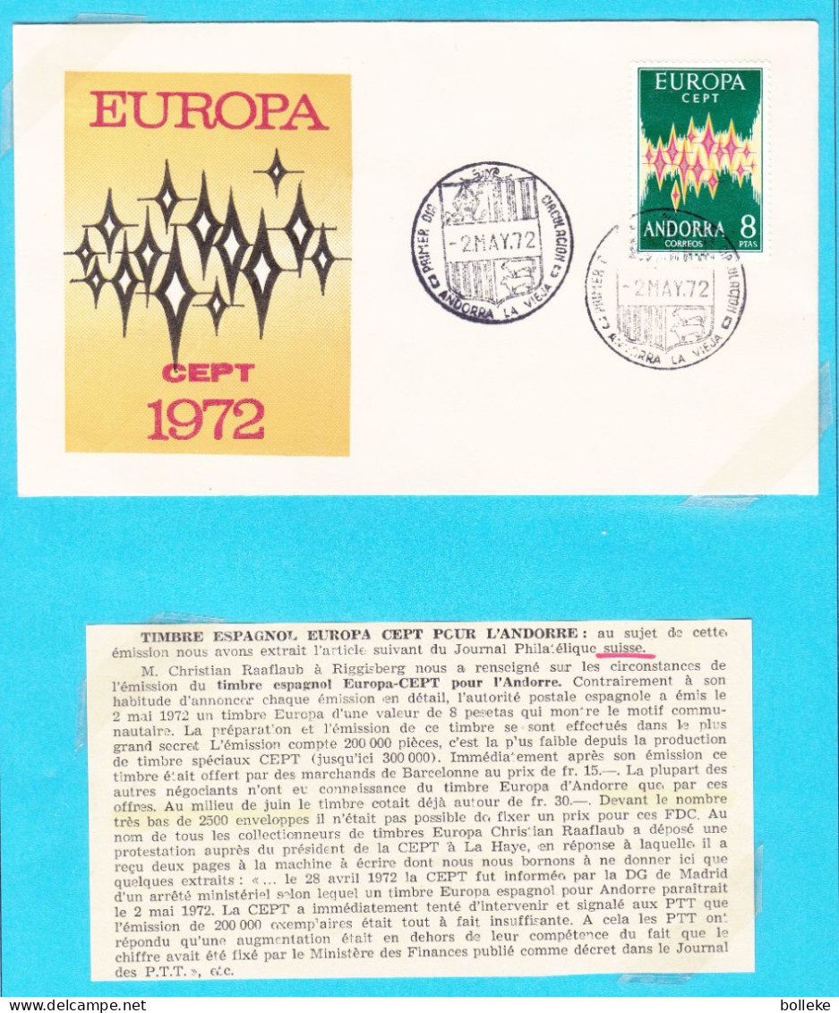 Europa 72 - Andorre Espagnol - FDC Europa - Tirage 2500 -  Rare - Valeur 80 Euros - Briefe U. Dokumente