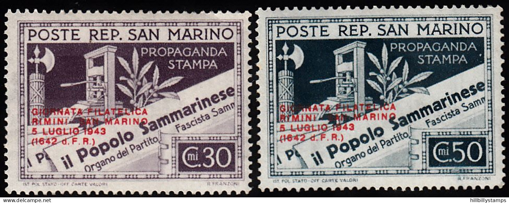 SAN MARINO  SCOTT NO 213-14  MINT HINGED  YEAR  1943 - Neufs